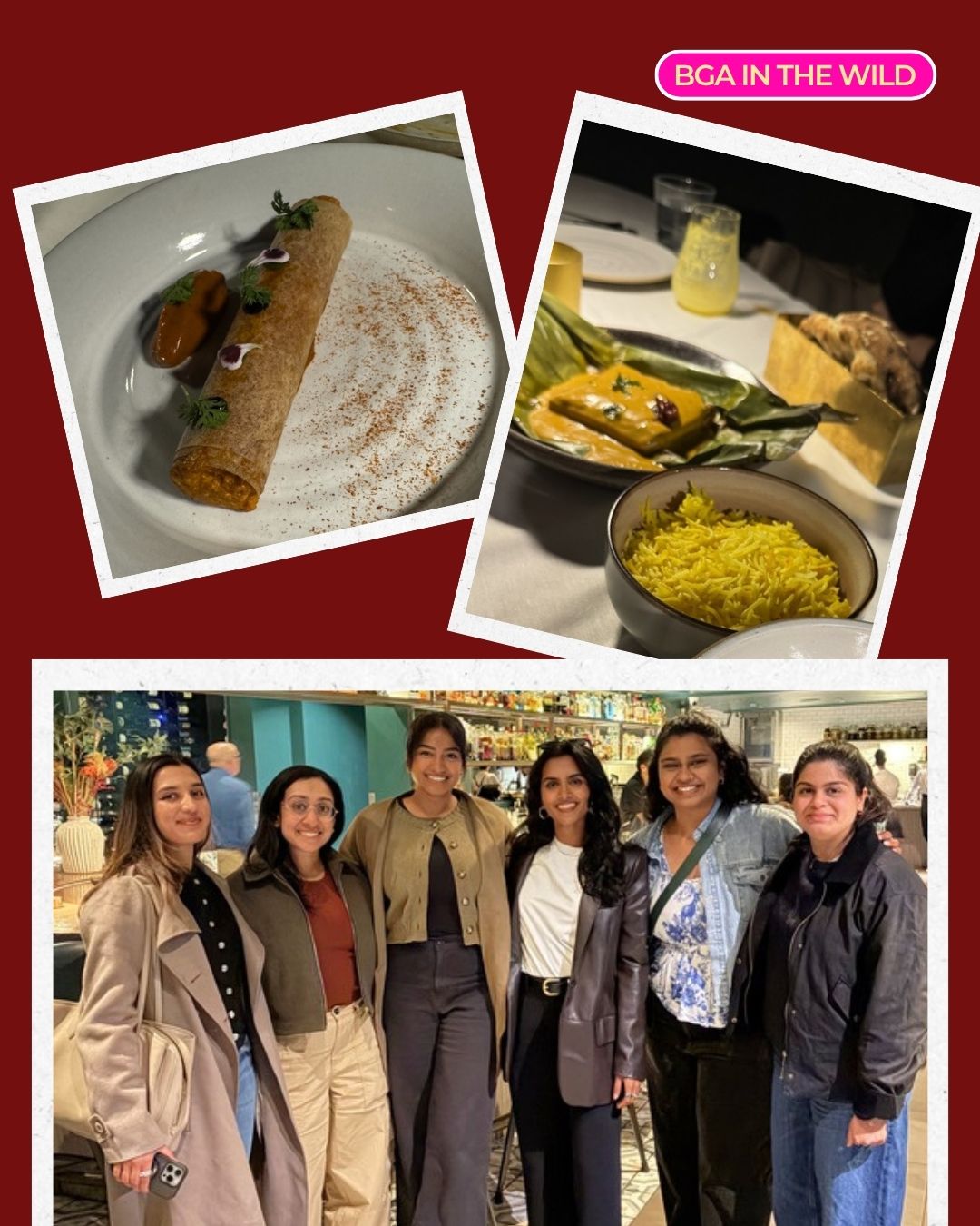 Six women at a Brown Girls, Desi Dinner — dosa course and the group at the bar after